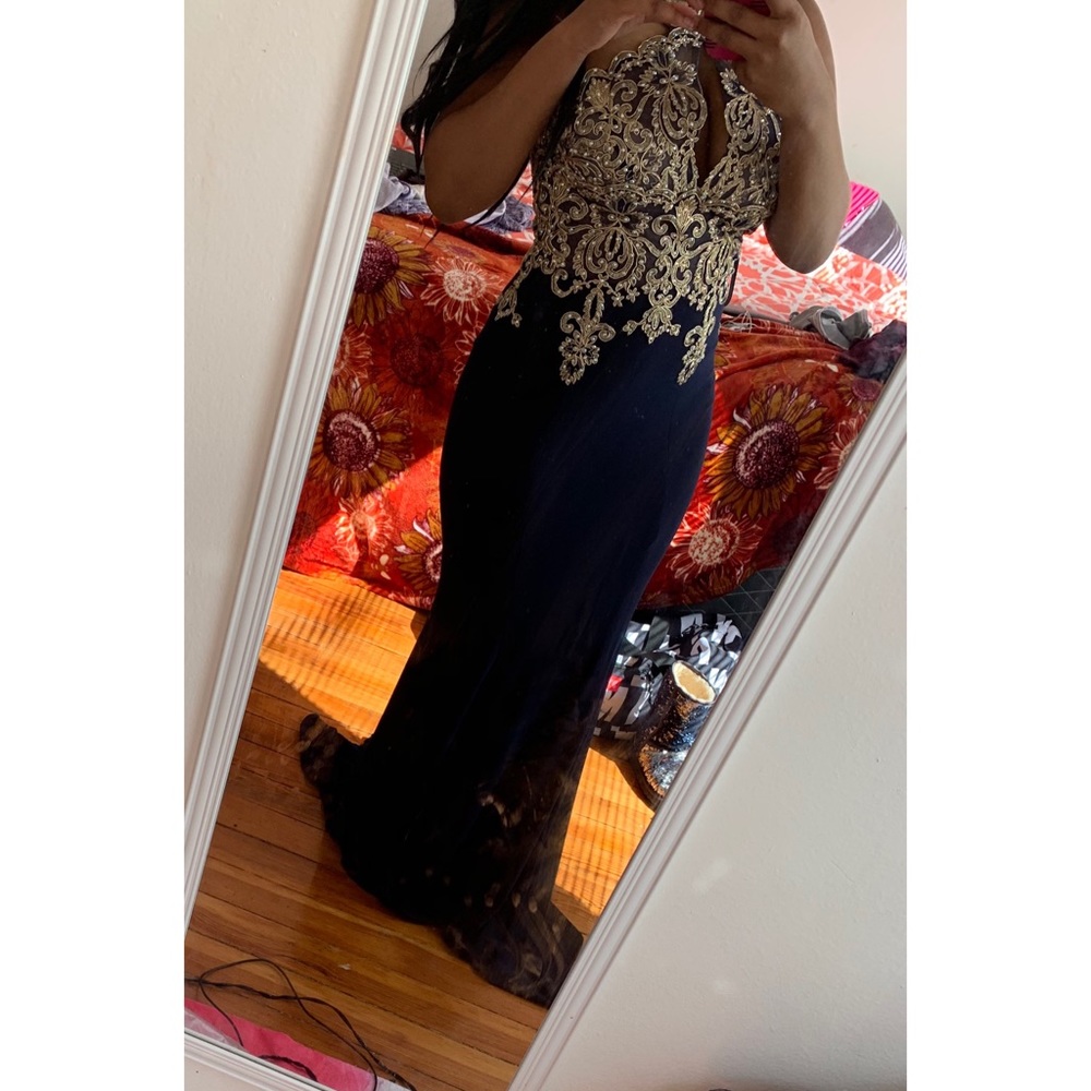 Navy blue and gold prom dress